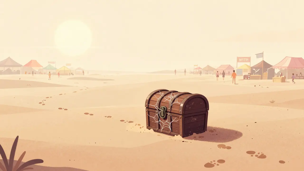 Dusty abandoned treasure chest in empty desert landscape
