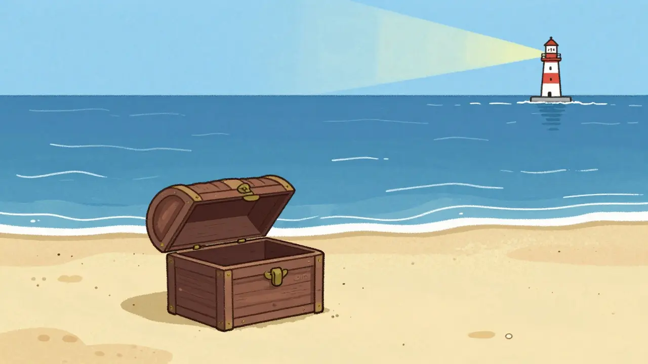 Empty treasure chest on beach near ocean, symbolizing low liquidity and caution.