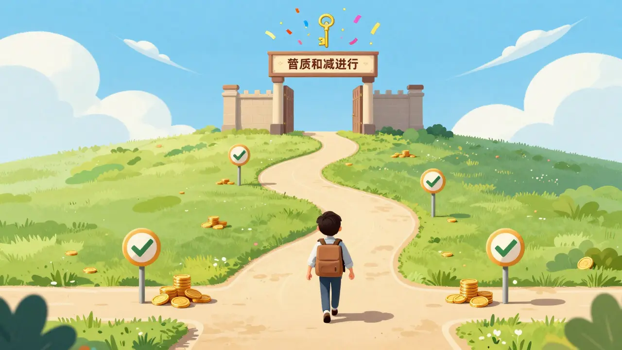 Entrepreneur walking a path past coin checkpoints toward a golden license gate
