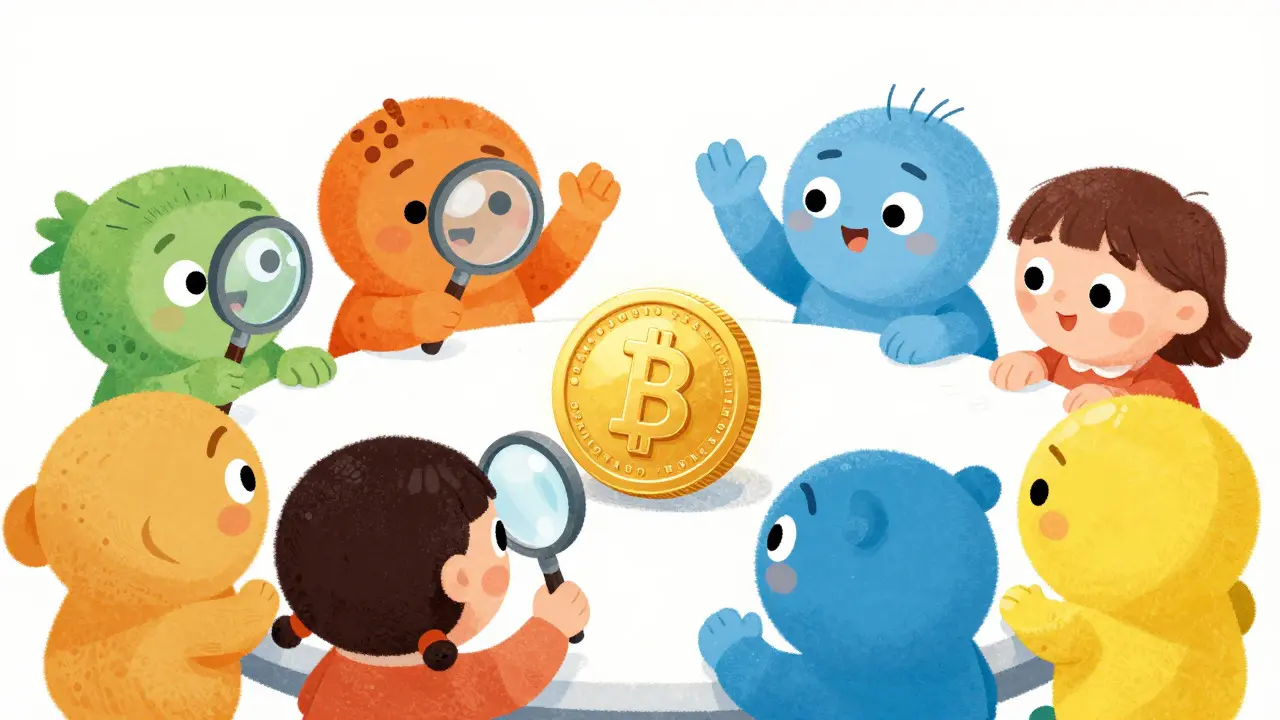 Friendly cartoon characters voting together on a digital coin at a table