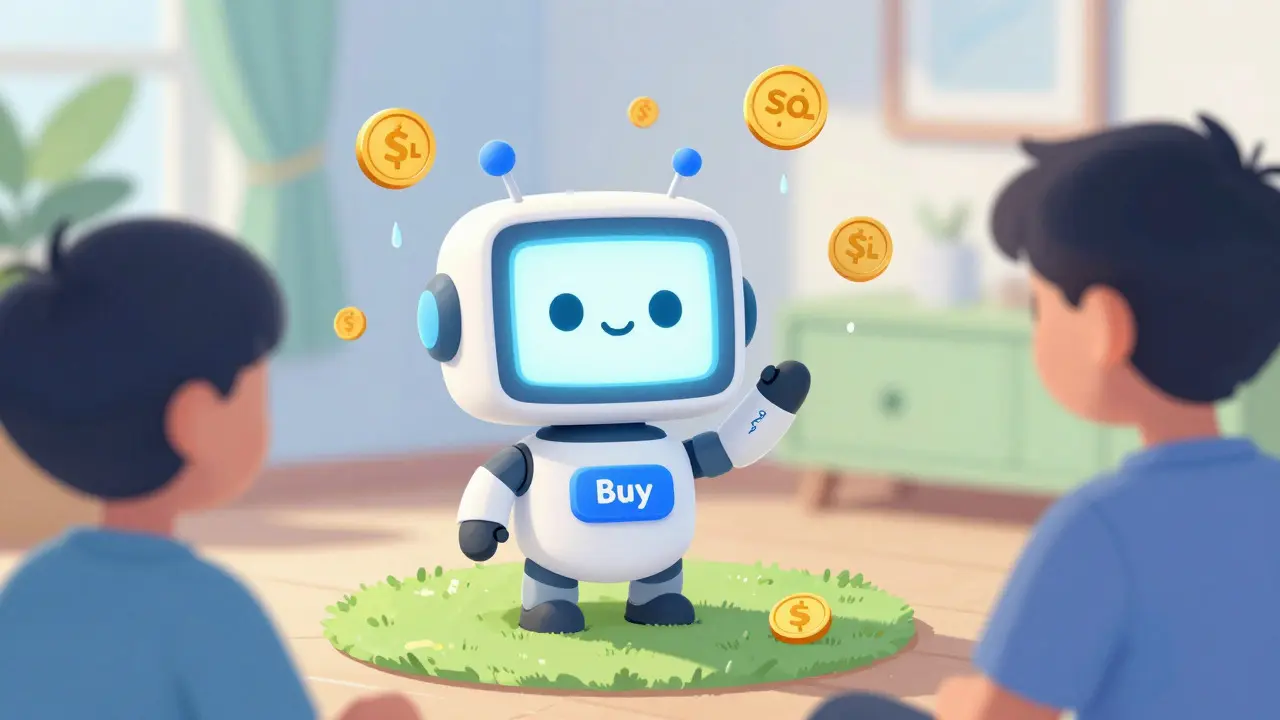 Friendly robot bot distributing SOL tokens in a cozy room