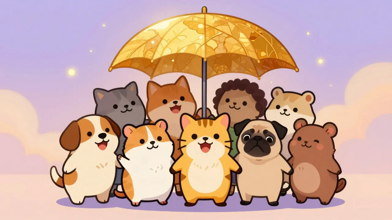 Group of animals under a golden leaf umbrella representing crypto community support