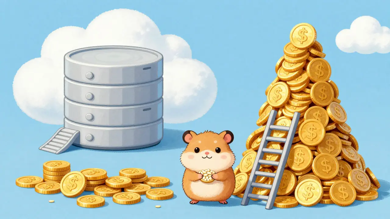 Hamster comparing cheap cloud data to expensive blockchain coins