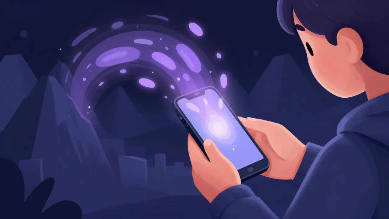 Hands holding a phone with glowing data tunnels