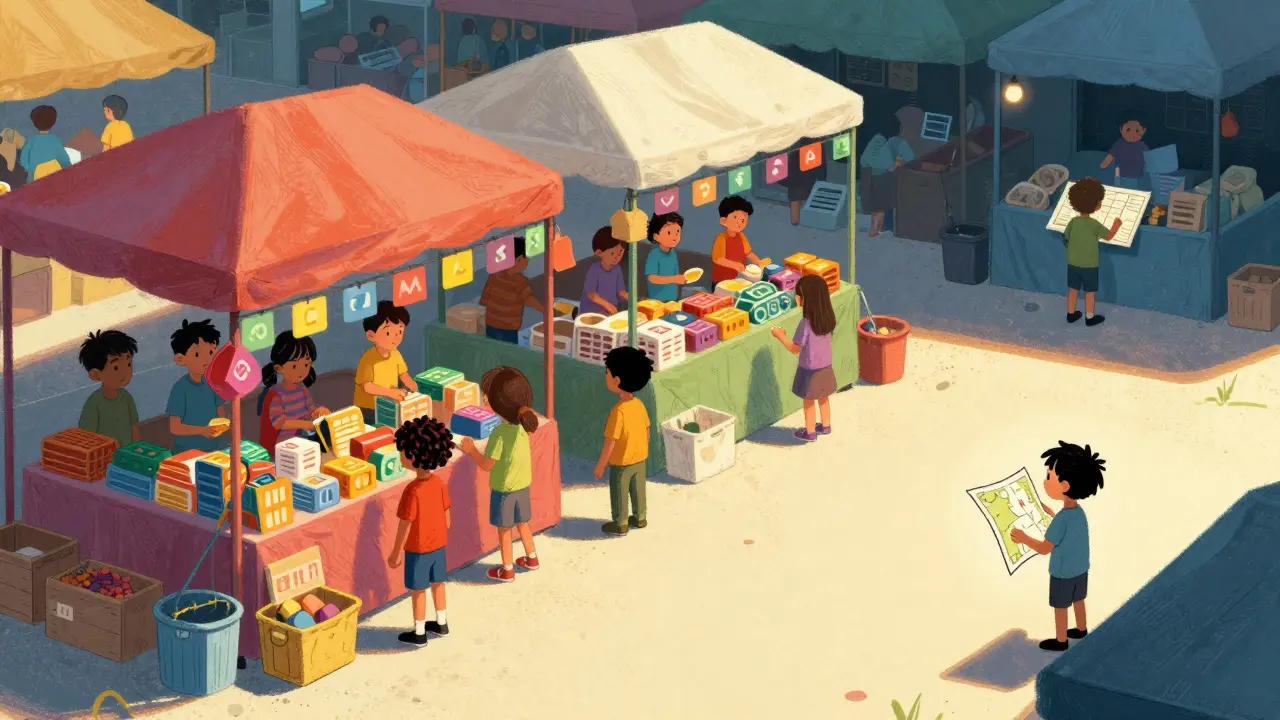 Illustration of a busy market with one isolated, dimly lit stall in the corner