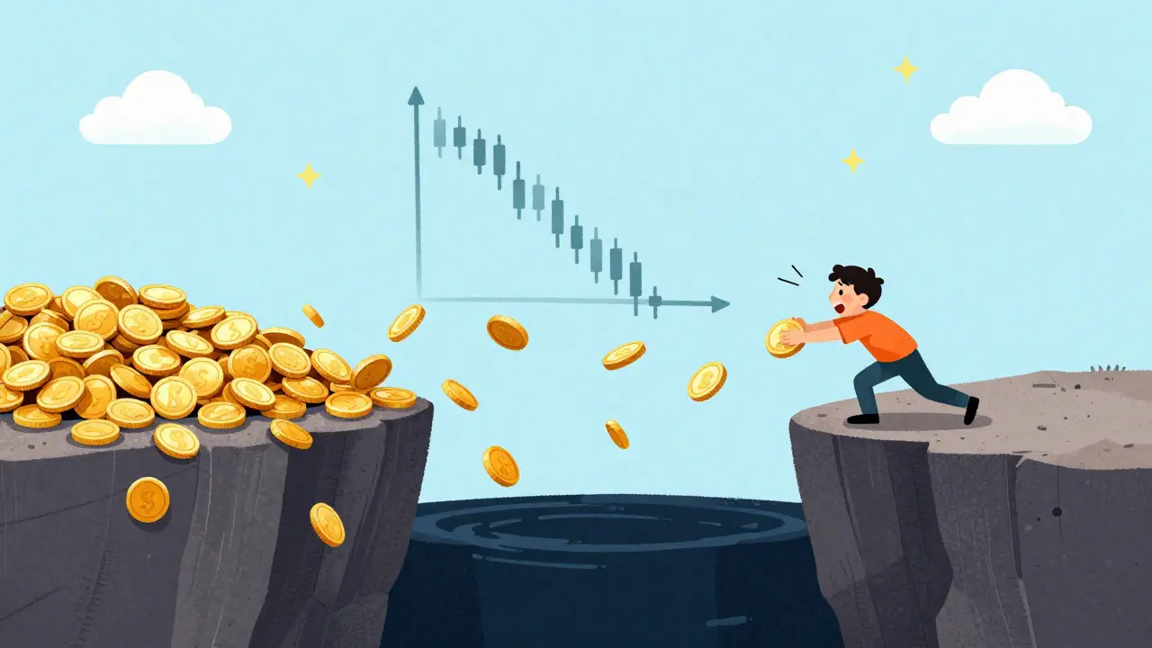 Illustration of a lonely trader struggling to sell coins into an empty void, representing low market liquidity