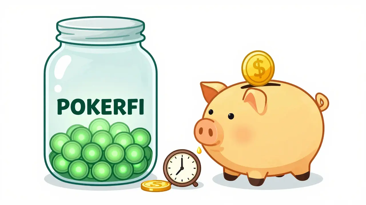 Illustration of a token jar and piggy bank leaking gold next to a smiling clock