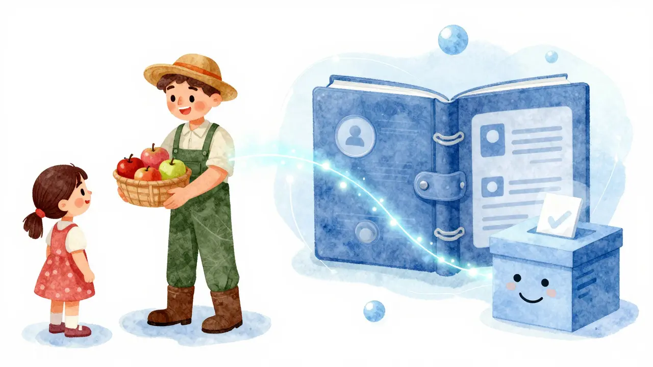 Illustration of farming, voting, and ID linked by glowing network threads