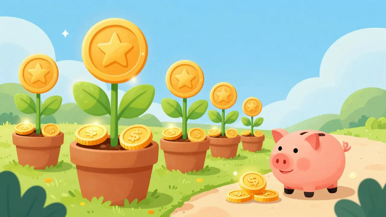 Illustration of growing coins and a rolling piggy bank symbolizing crypto staking rewards and interest