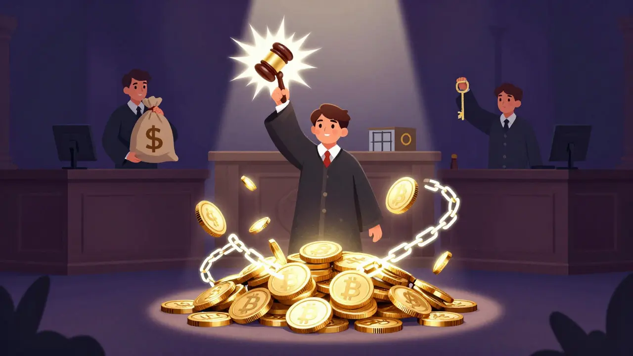 Judge freezing digital coins with light chains in a stylized courtroom