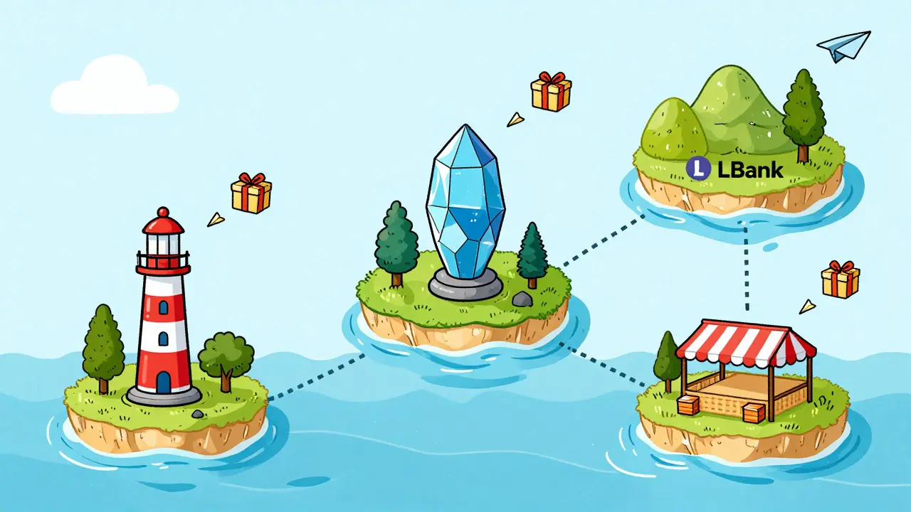 Map with three islands connected by paths, symbolizing exchange platforms and rewards