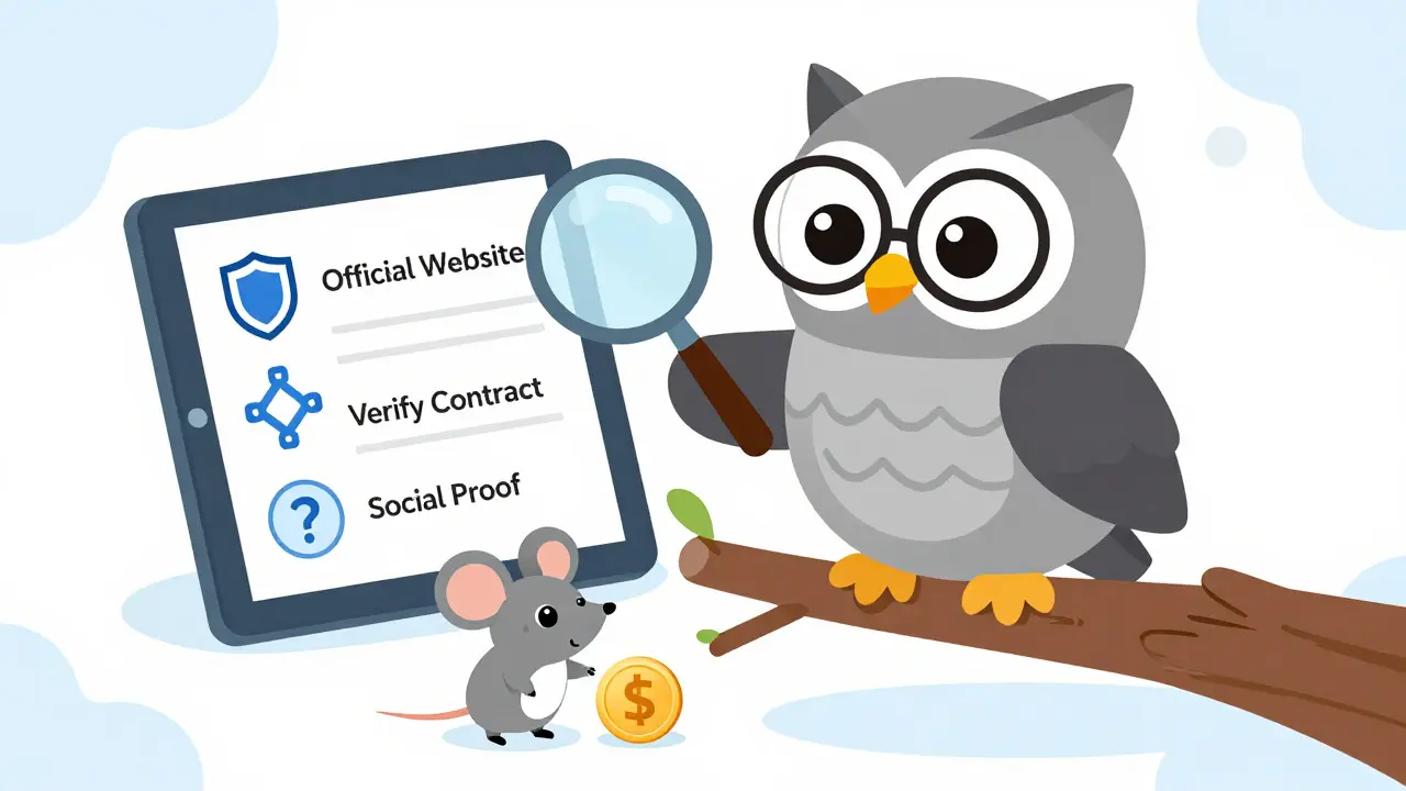 Owl checking safety checklist on tablet for crypto scams