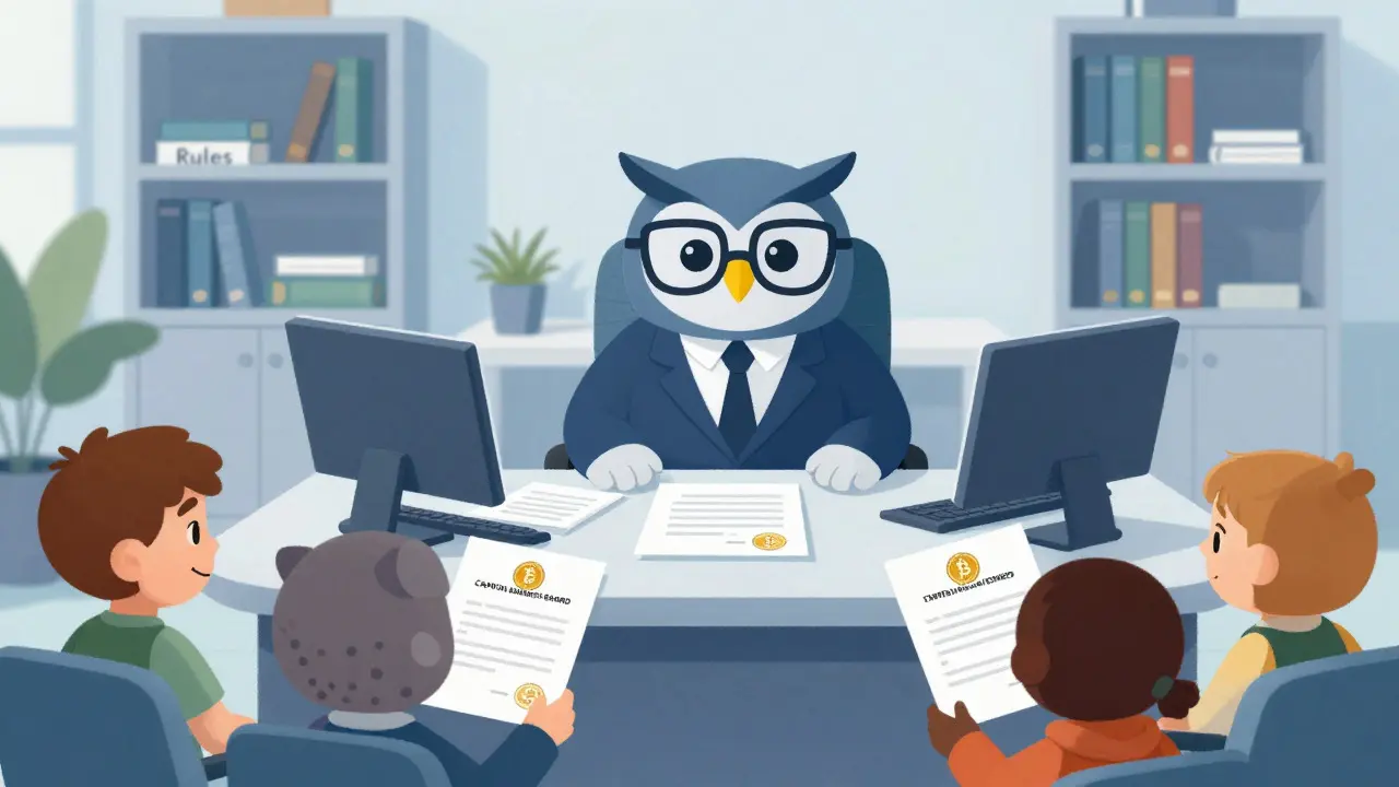 Owl regulator checks licenses for crypto exchanges in a tidy office.