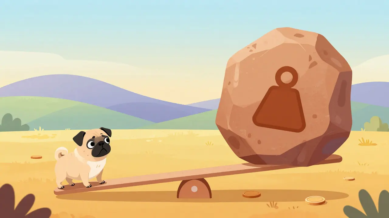Pug on a seesaw with a heavy rock illustrating market instability in cartoon style