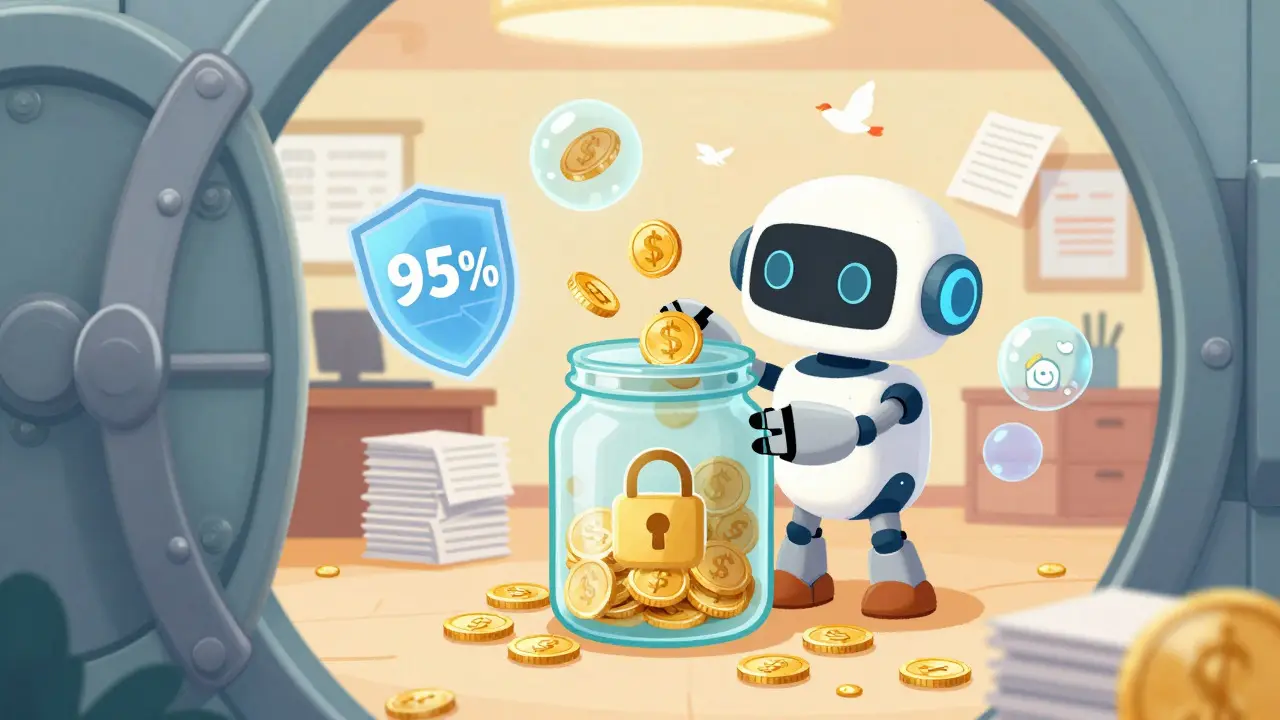 Robot securing digital coins in a vault to show cold storage rules