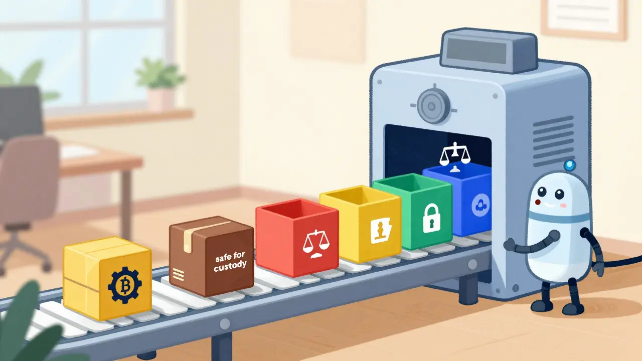Robot sorting crypto service boxes into six colored bins on a conveyor belt