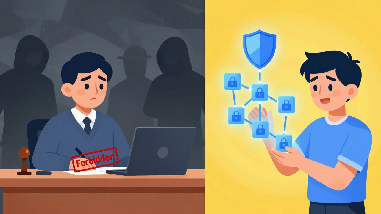 Split illustration showing conservative ban vs progressive acceptance of crypto