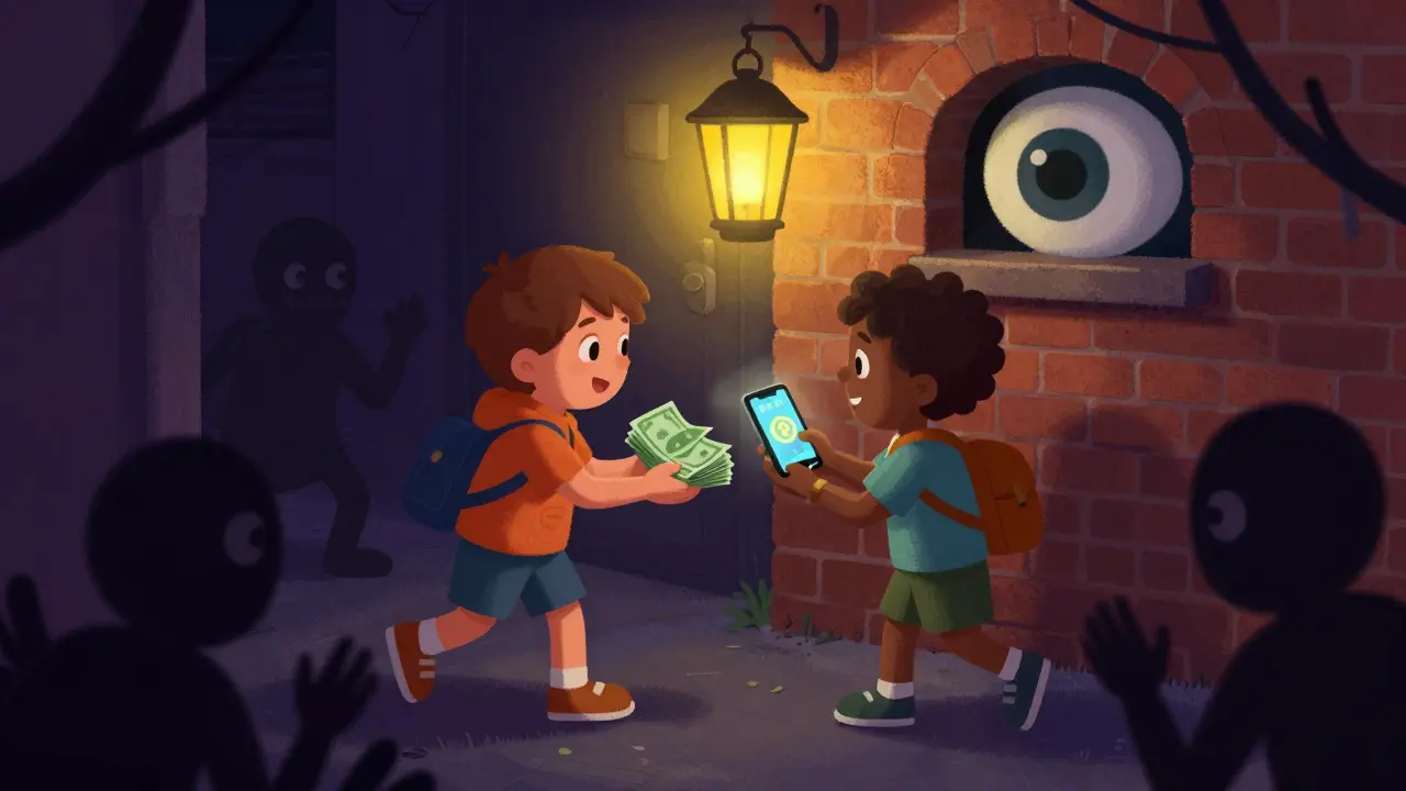 Two people trade cash for crypto phone in dark alley under watchful eye of bank monitor.