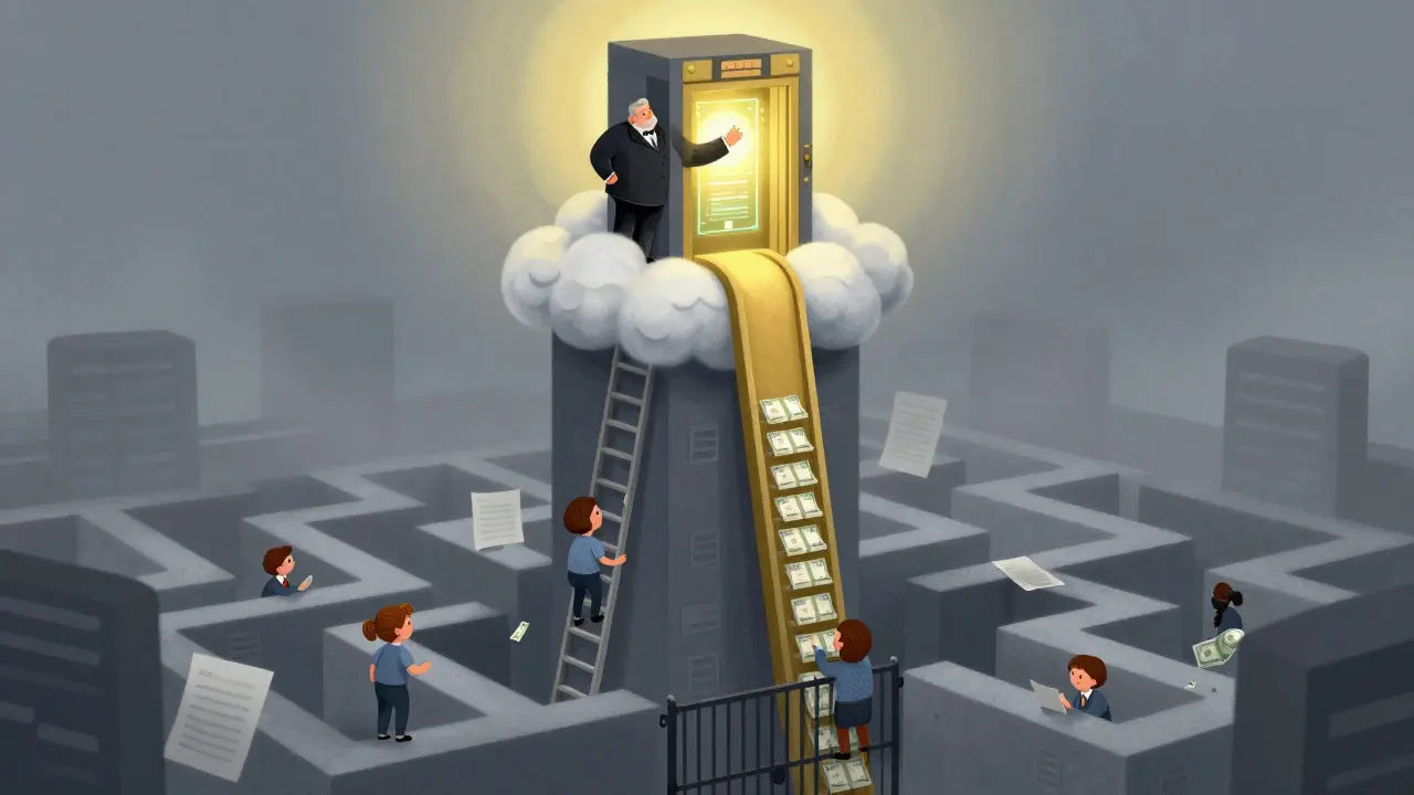 Wealthy investor on high tower accesses crypto vault while ordinary people struggle in maze below.