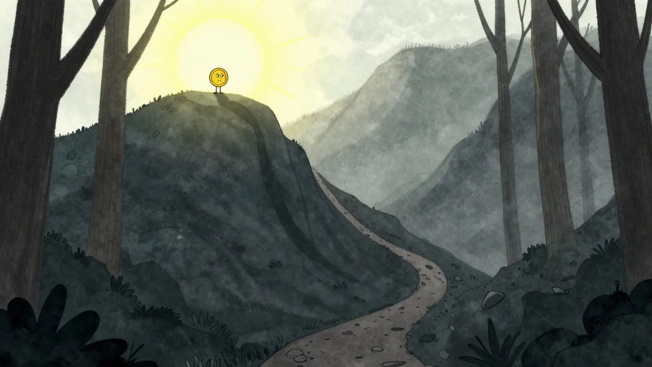 Whimsical drawing of a steep path descending into a misty valley with a lone coin
