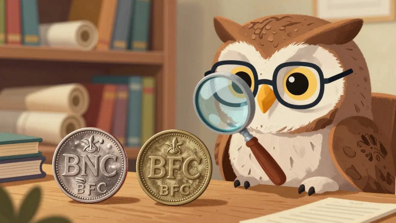 Wise owl examining two different coins with a magnifying glass to distinguish them