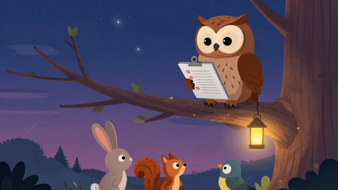 Wise owl holding a checklist while teaching attentive animal friends.