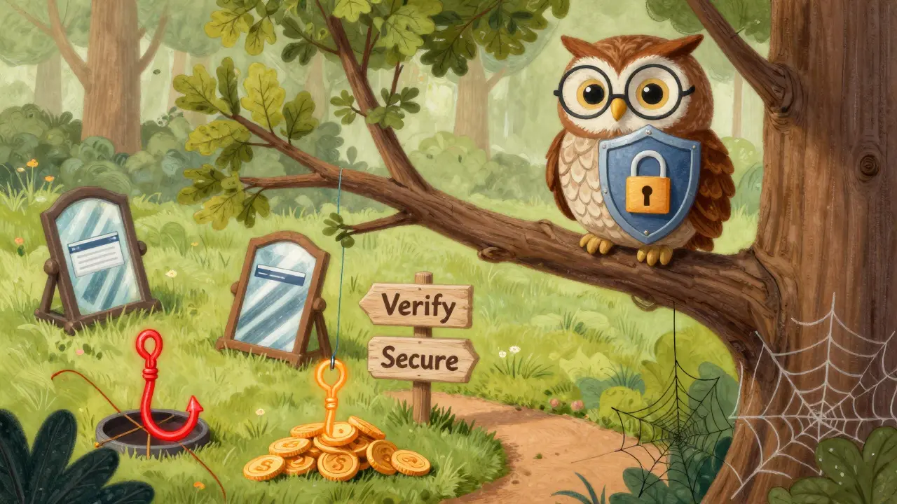 Wise owl protecting against crypto scams with a shield and signposts