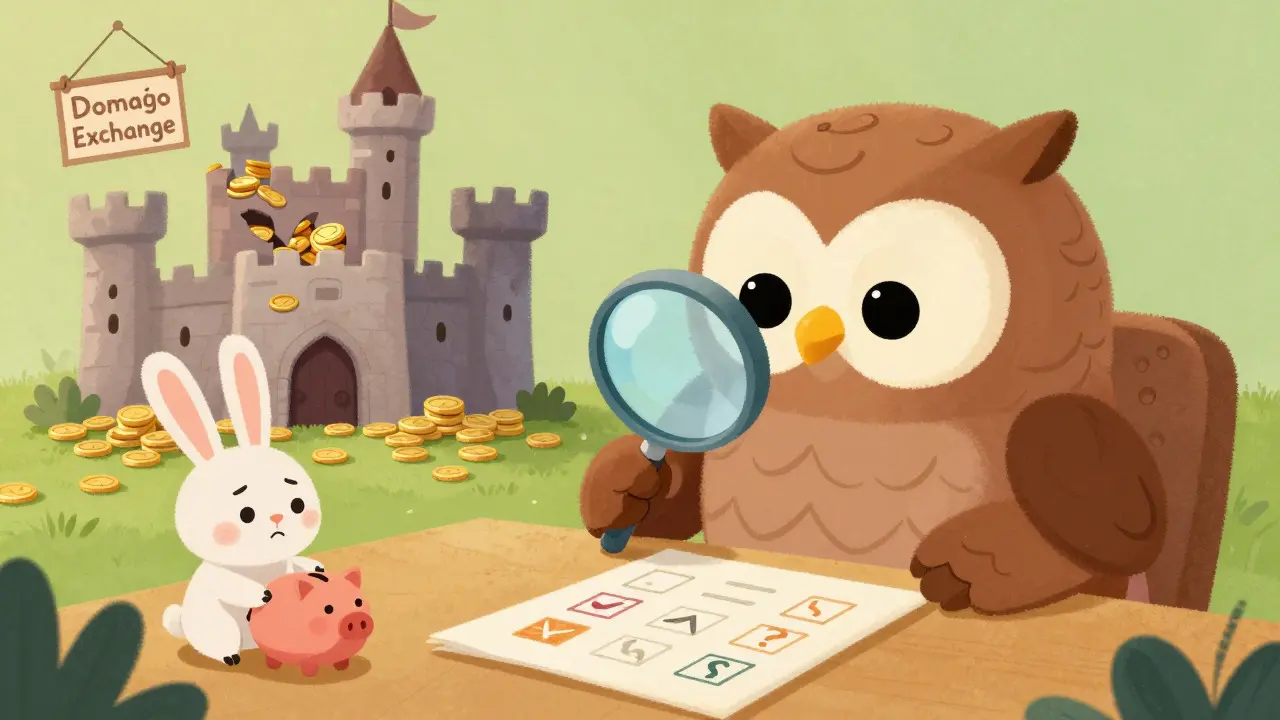 Wise owl with magnifying glass checking a list next to a crumbling coin castle