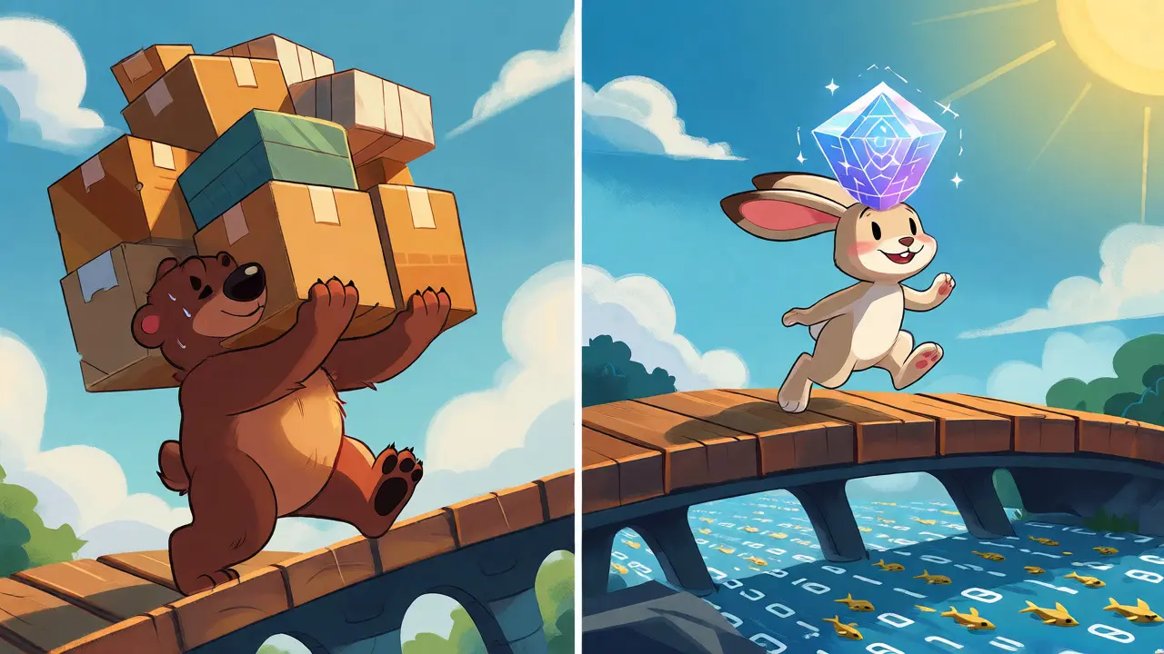 A bear struggling with heavy boxes versus a rabbit easily carrying a small glowing crystal cube.