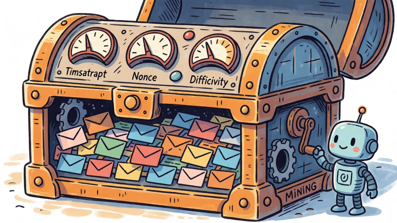 A cutaway view of a blockchain block showing a header with dials and a body full of transaction envelopes.