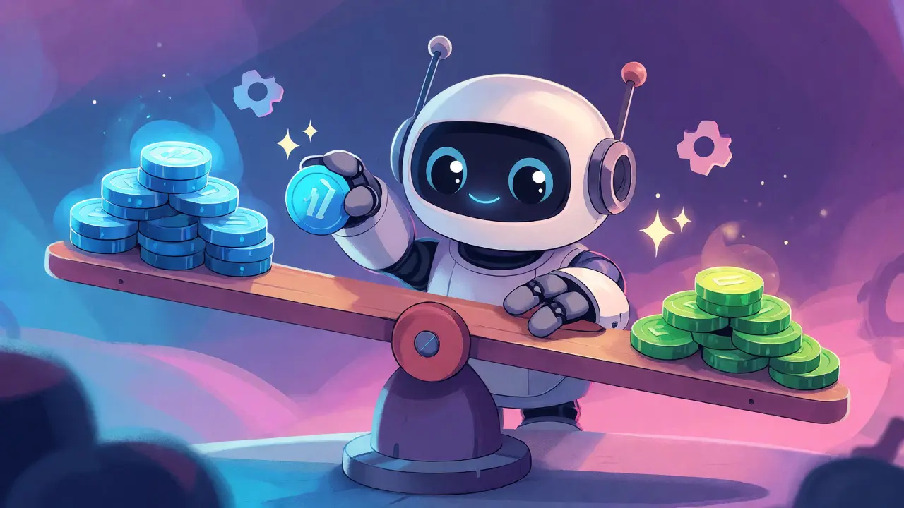 A cute robot balancing blue and green coins on a magical seesaw.