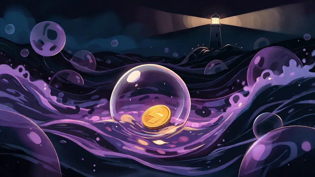 A golden coin in a bubble floating in a dark stormy ocean