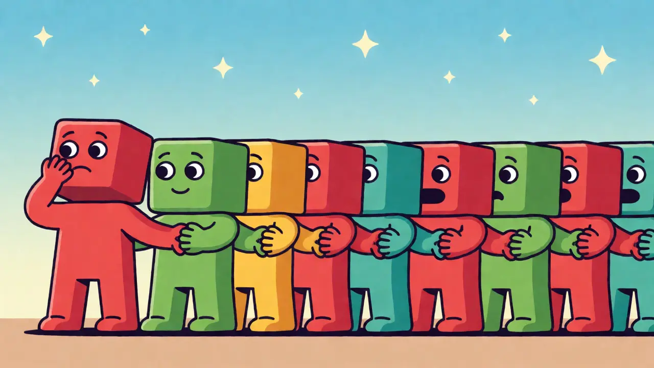 A line of connected block characters demonstrating how changing one block disrupts the entire chain.