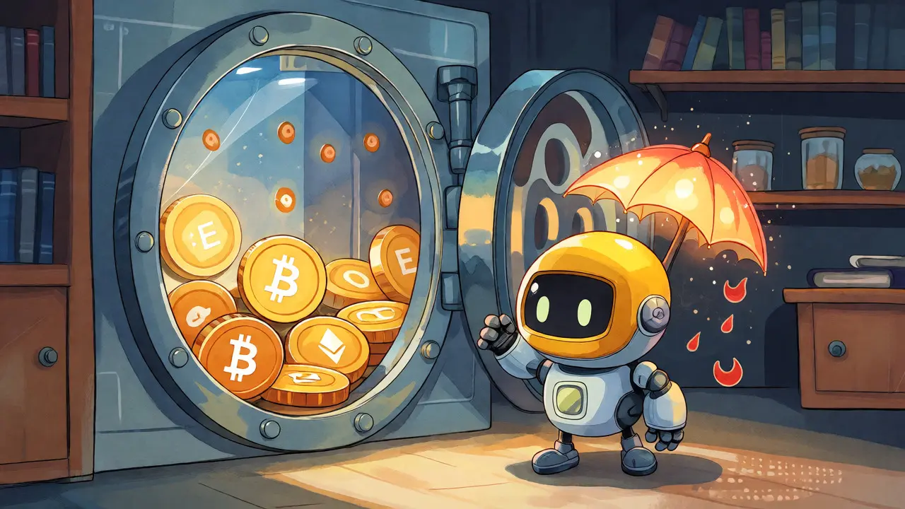 A robot with a helmet blocking red rain from a token vault