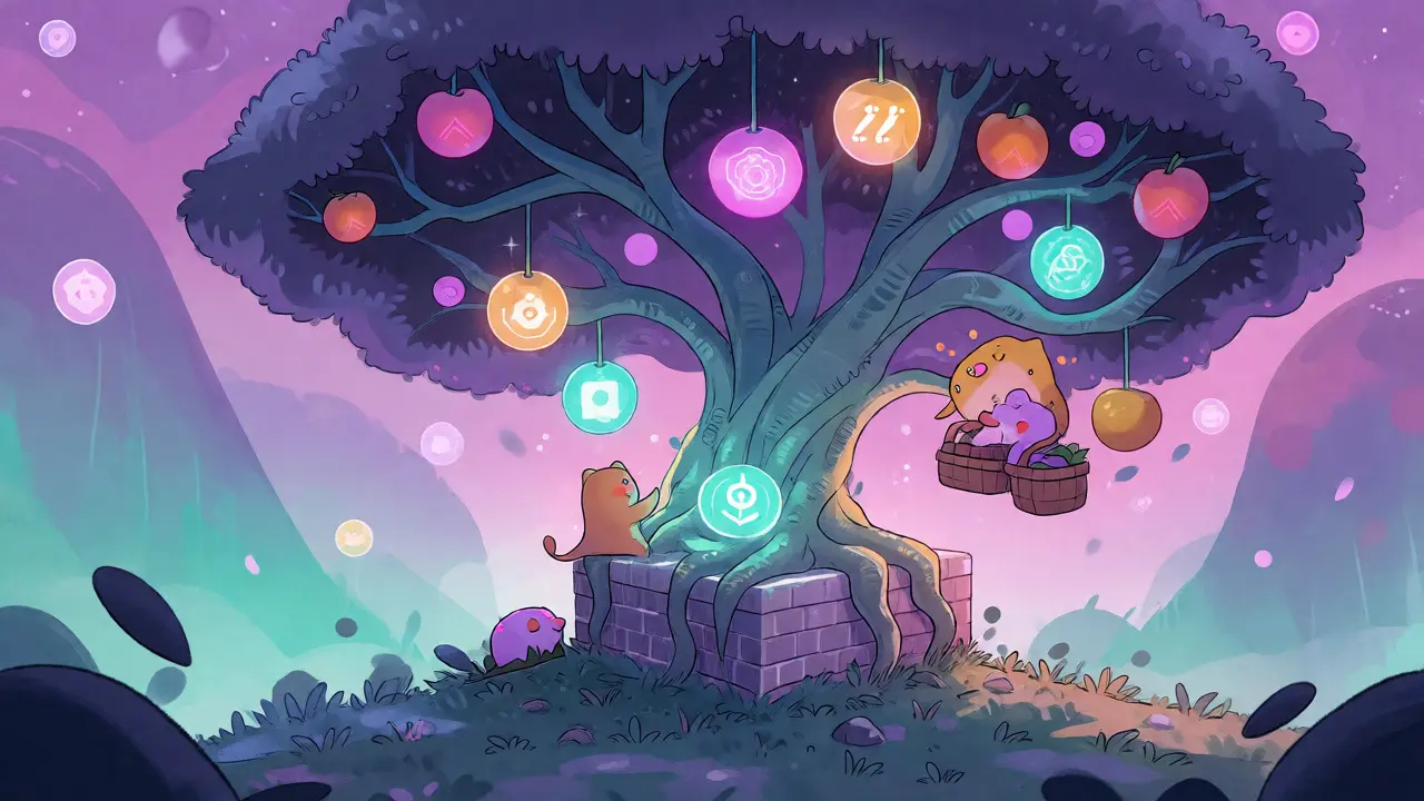 A stylized tree growing from data blocks, bearing glowing fruit representing mining rewards.