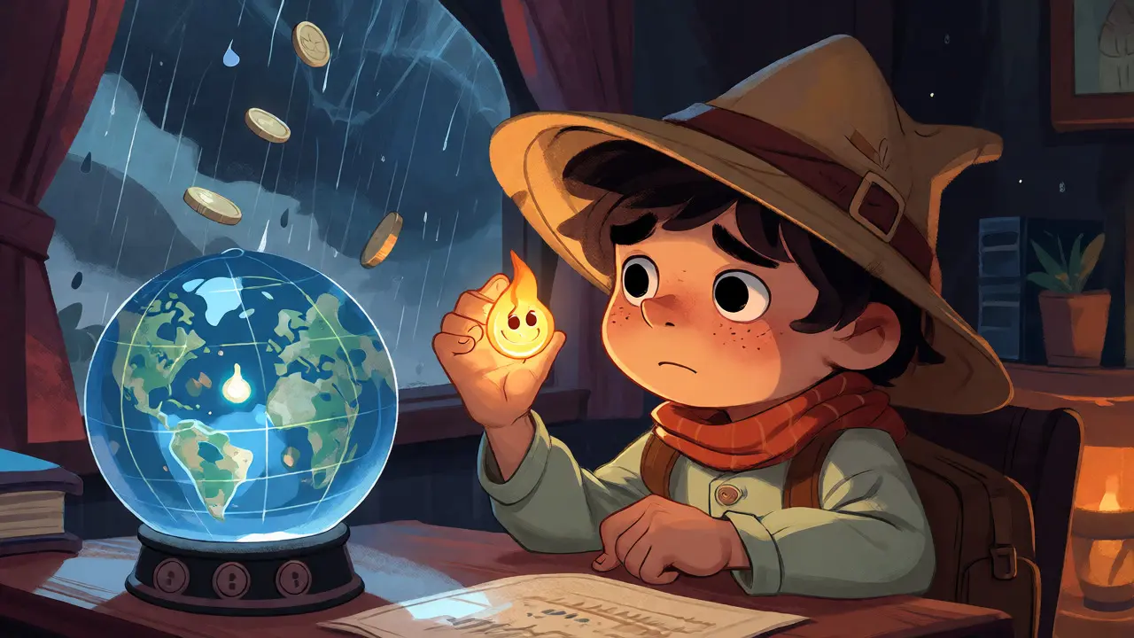 An explorer holding a glowing token while watching a stormy crypto landscape.