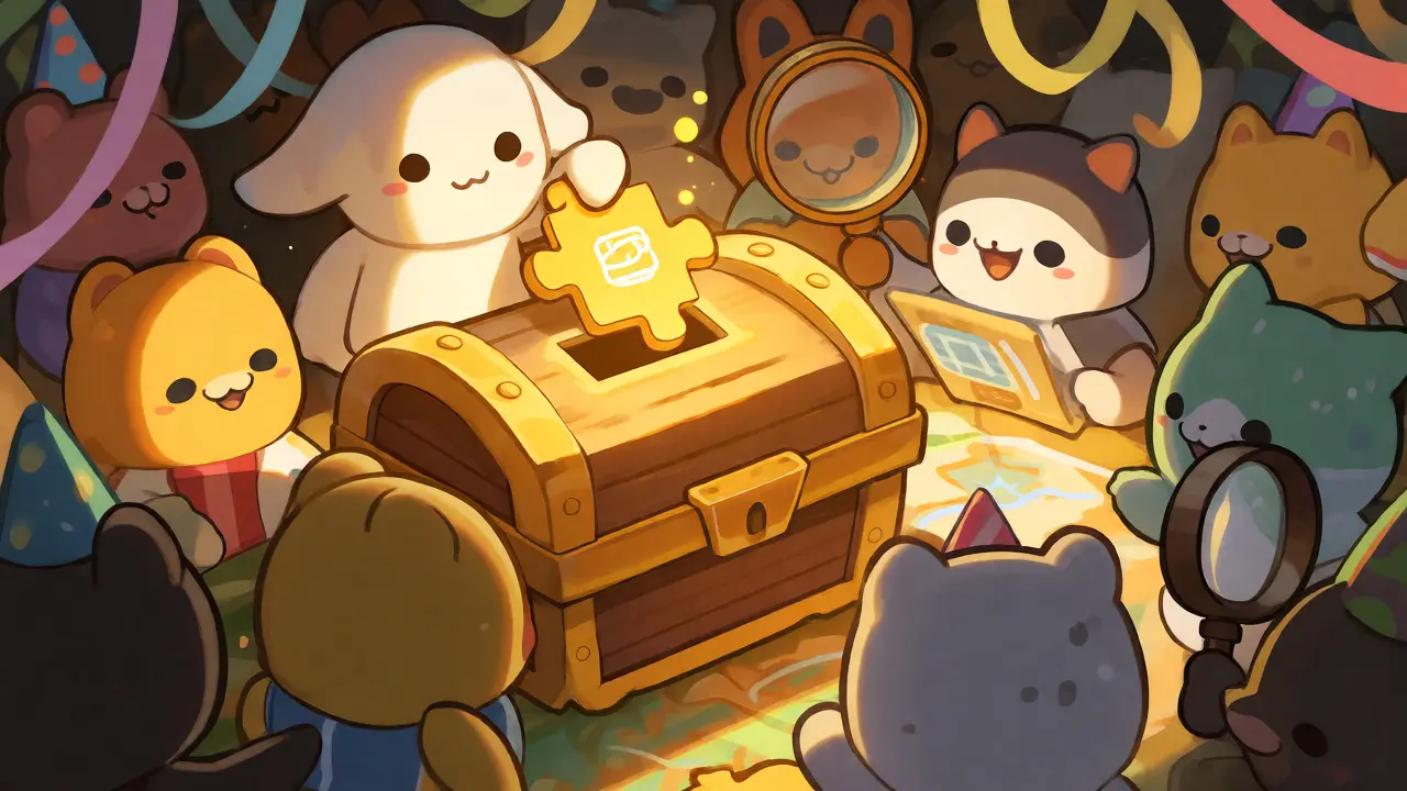 Cartoon animals working together to unlock a treasure chest of airdrop rewards.