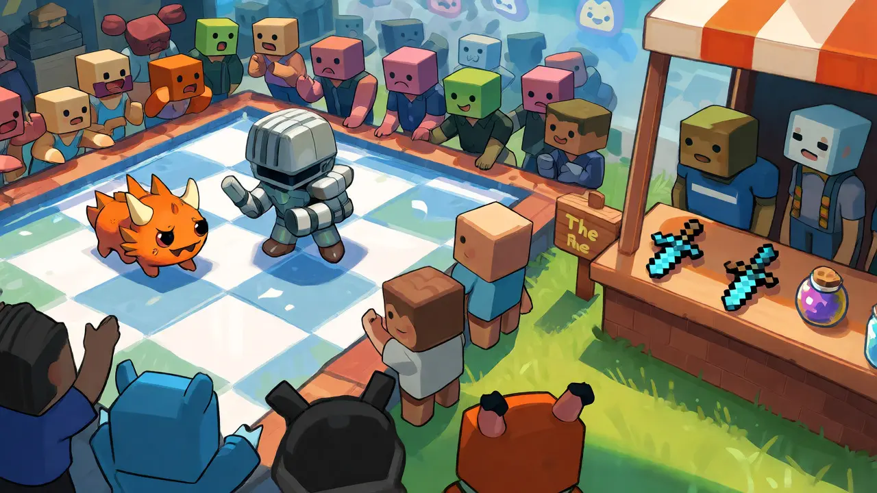 Cartoon avatars battling creatures and trading items in a lively digital marketplace.