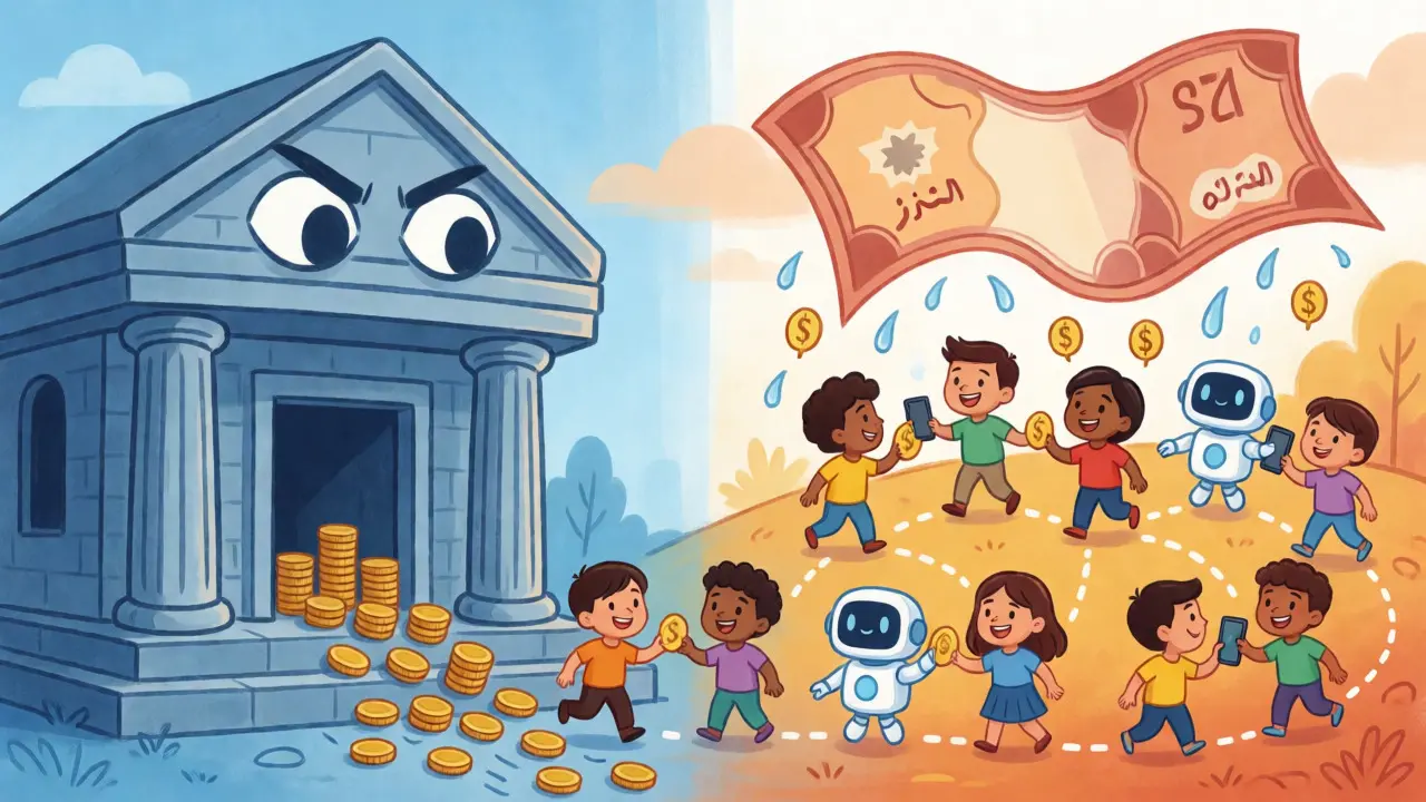 Cartoon bank blocking coins while people trade secretly