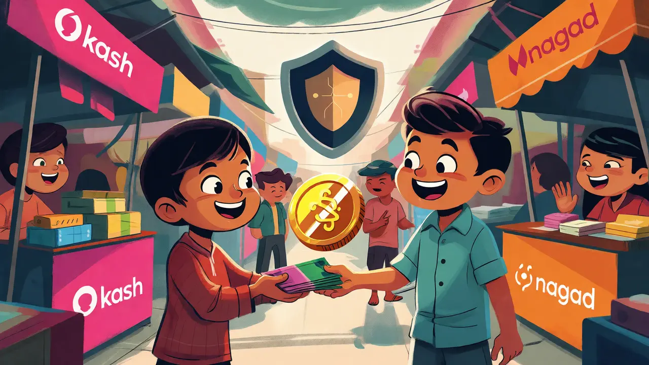 Cartoon characters exchanging cash for crypto in a market with a protective shield.