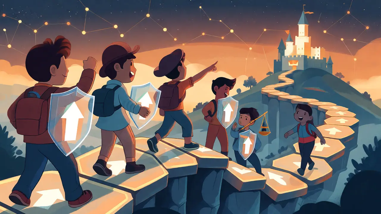 Cartoon explorers navigating a hexagonal DeFi path with hedging shields, aiming for a stable governance castle.