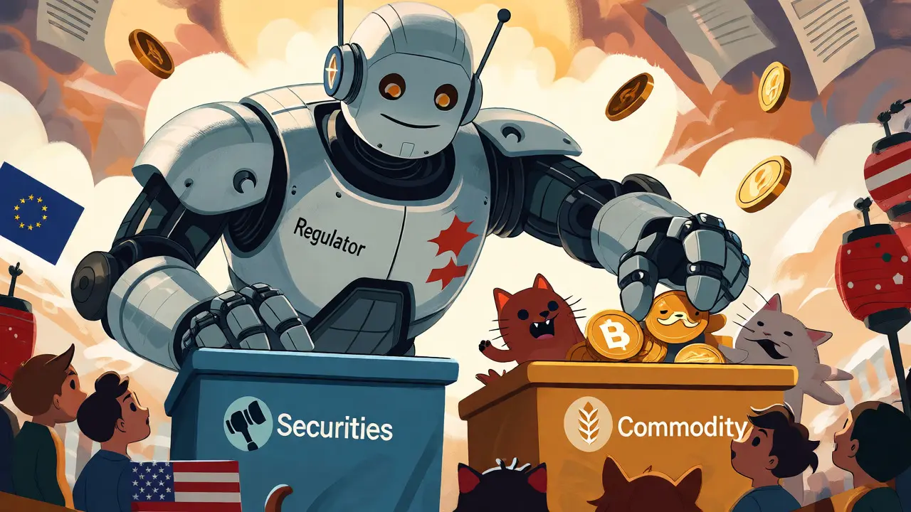 Cartoon robot sorting crypto tokens into securities and commodities categories.