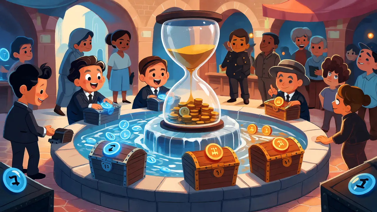 Cartoon scene of a token fountain where investors unlock treasure chests with timers as community members wait.