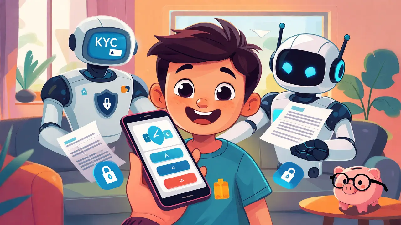 Character using a phone app with a robot assistant for KYC verification