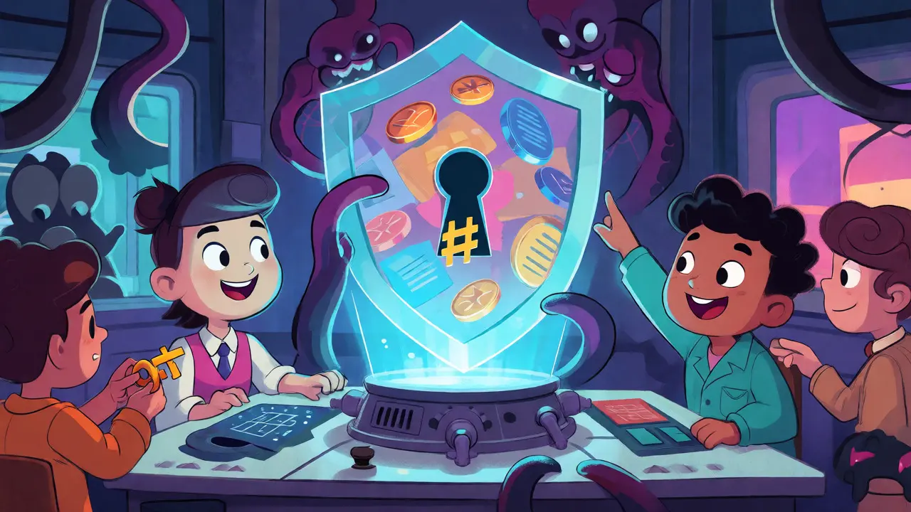 Characters protecting floating coins inside a holographic shield from shadowy tampering creatures.