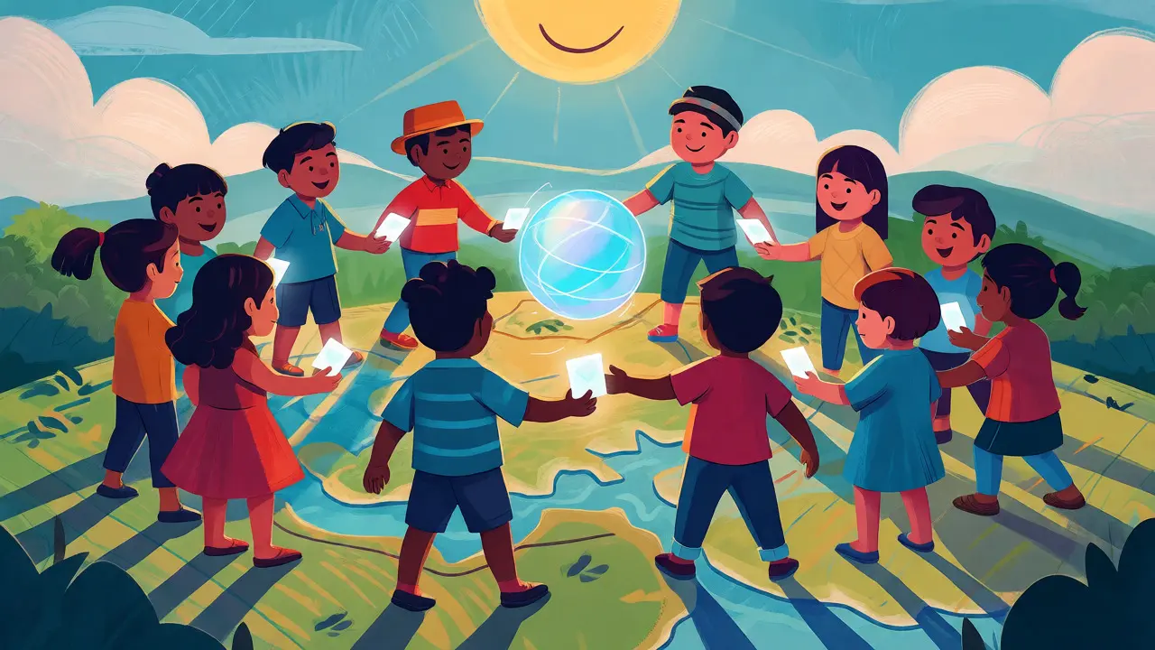 Children passing a glowing token sphere in a circle over a stylized world map.