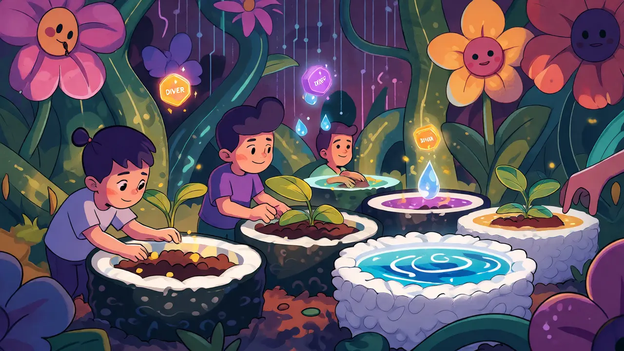 Colorful children's book style art of characters planting seeds in liquidity pools to earn floating crypto rewards.