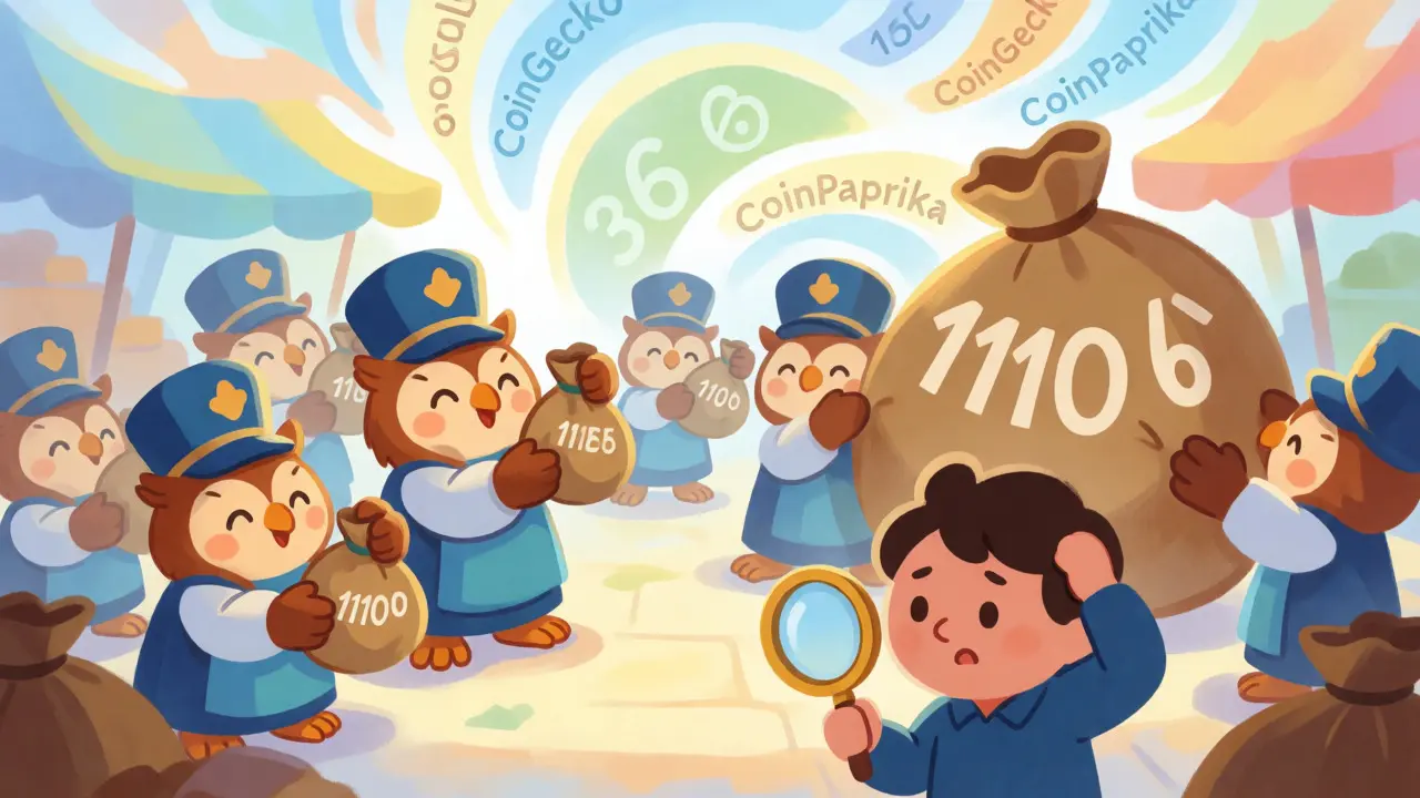 Confused characters arguing over different sized bags of coins.