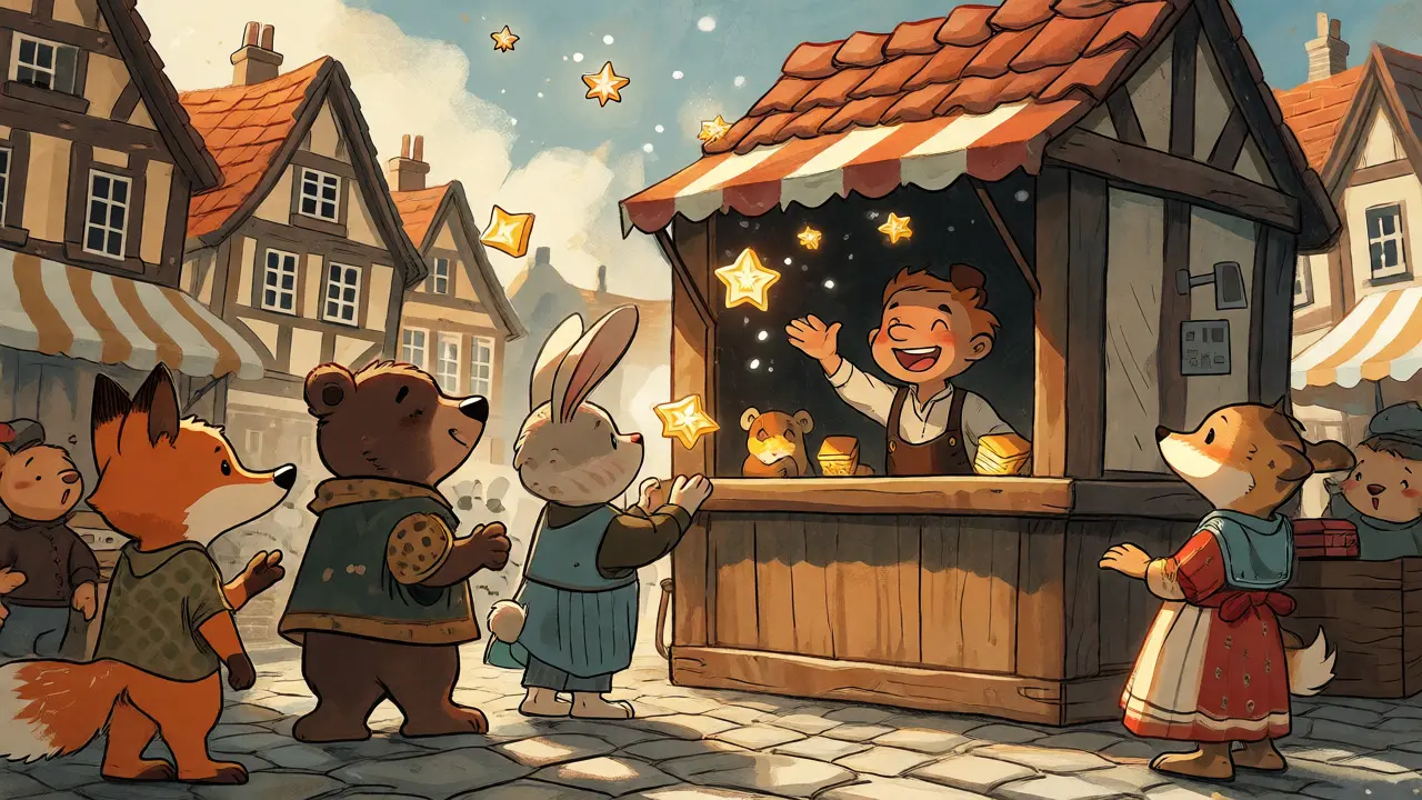 Cute animals receiving glowing star tokens from a vendor in a market scene.