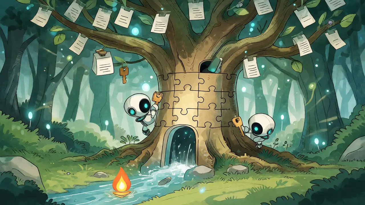 Digital tree illustration with robots performing voting and utility tasks among glowing branches and roots.